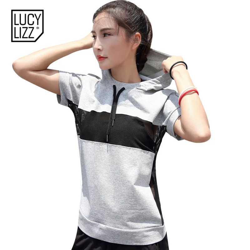 Lucylizz Черные Сетчатые спортивные рубашки топ с коротким рукавом капюшоном