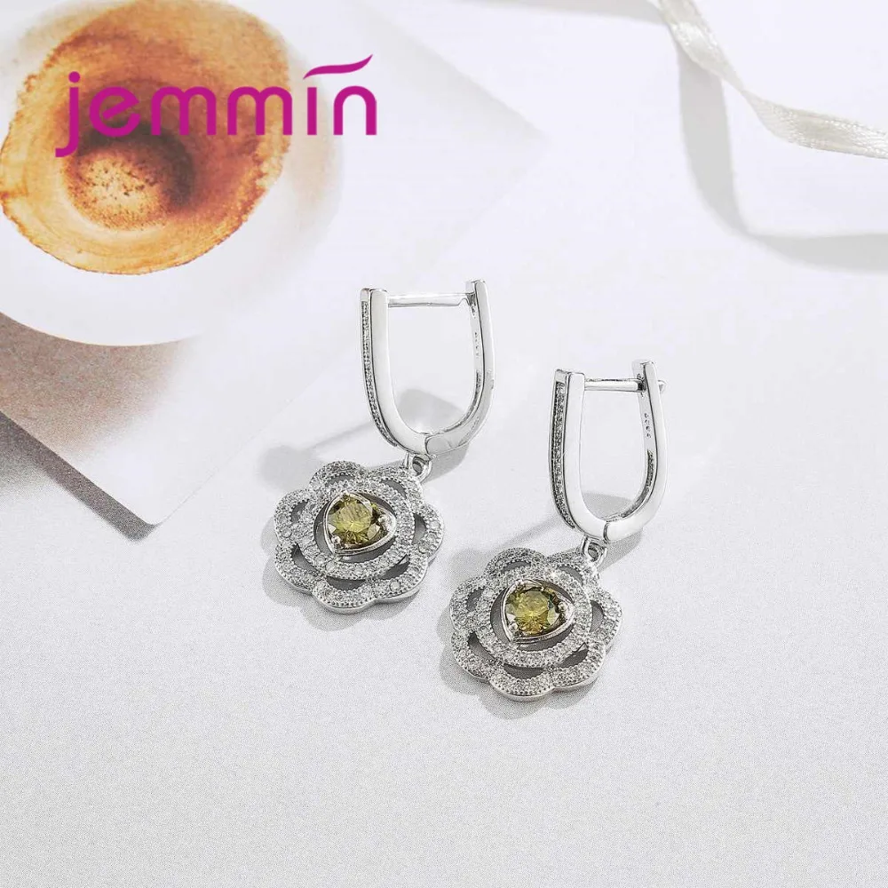 Elegant Fashion Hollow Flower Necklace Earrings for Women Heart Shape Round Dark Green Crystal 925 Sterling Silver Jewelry Sets |