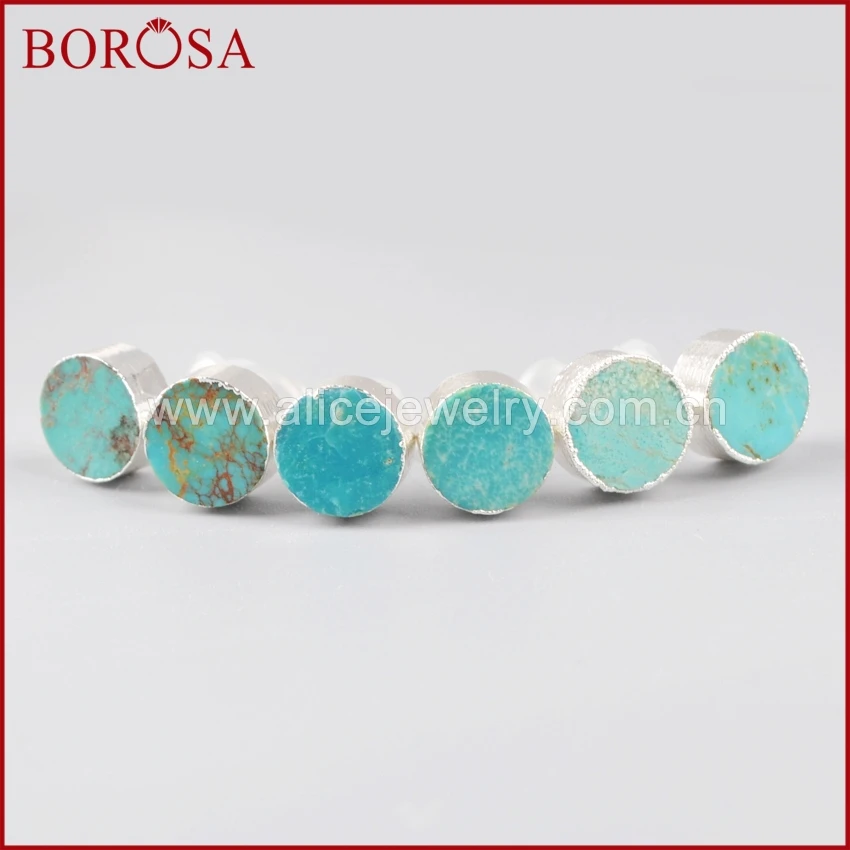 

BOROSA Pure Silver Color 8mm Small Round Natural Blue Stone Turquoises Stud Earrings Fashion Jewelry for Women as Gifts SS047