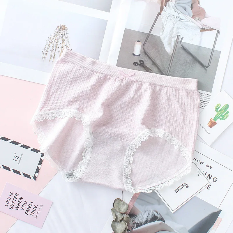 pink SP& CITY, милые кружевные трусики с высокой талией, большое эластичное хлопковое нижнее белье для женщин, одноцветные бесшовные трусы, физиологическое женское нижнее белье - Цвет: pink