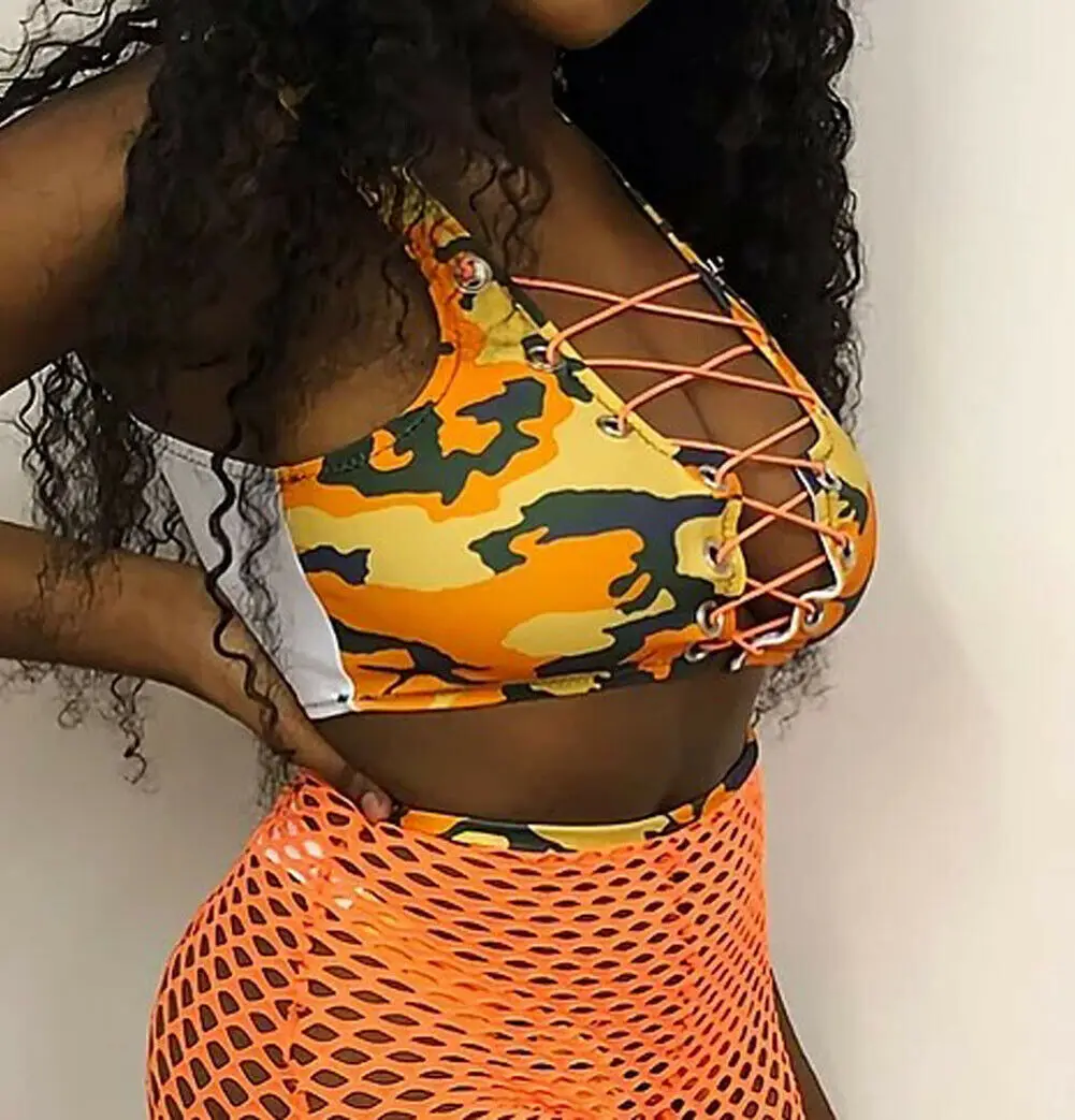 3PCS Women Sexy Fashion 2019 New Style Lace-up Bikini Set Swimwear Push Up Bra +Fishnet Shorts+ Bottoms Swimsuit Sets | Женская одежда