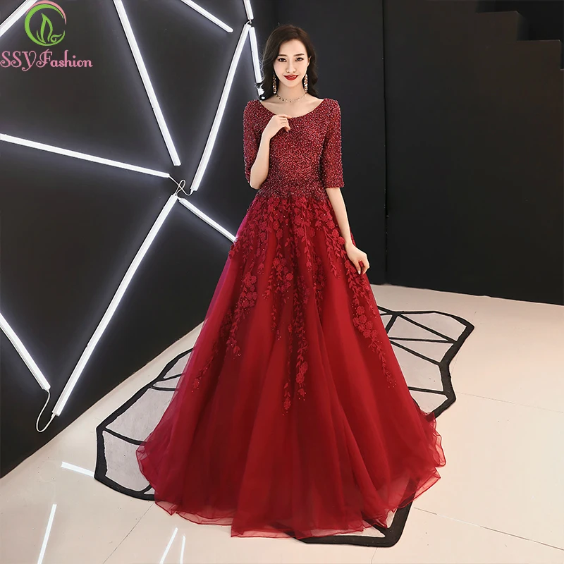 SSYFashion Новое роскошное вечернее платье элегантное с рукавом до локтя А силуэта
