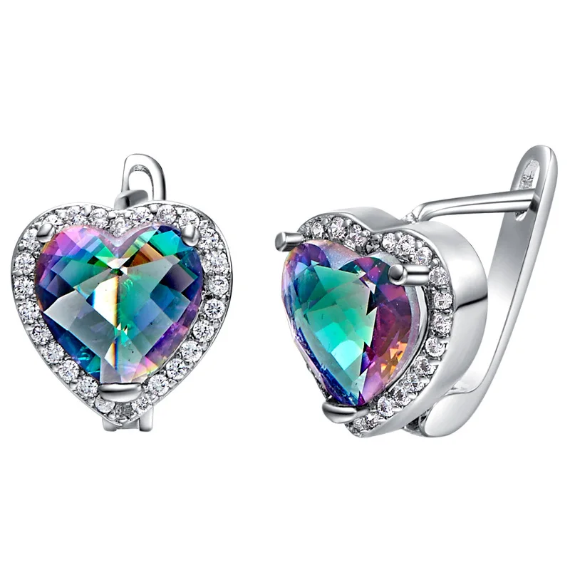 Rainbamabom Boho Bohemian 925 Sterling Silver Heart Mystic Rainbow Topaz Gemstone Earrings Hoop Earrings Fine Jewelry Wholesale