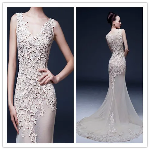 V-Neck Spaghetti Strap Button Lace Applique Mermaid Court Train Wedding Dresses 2015 Free Shipping | Свадьбы и торжества