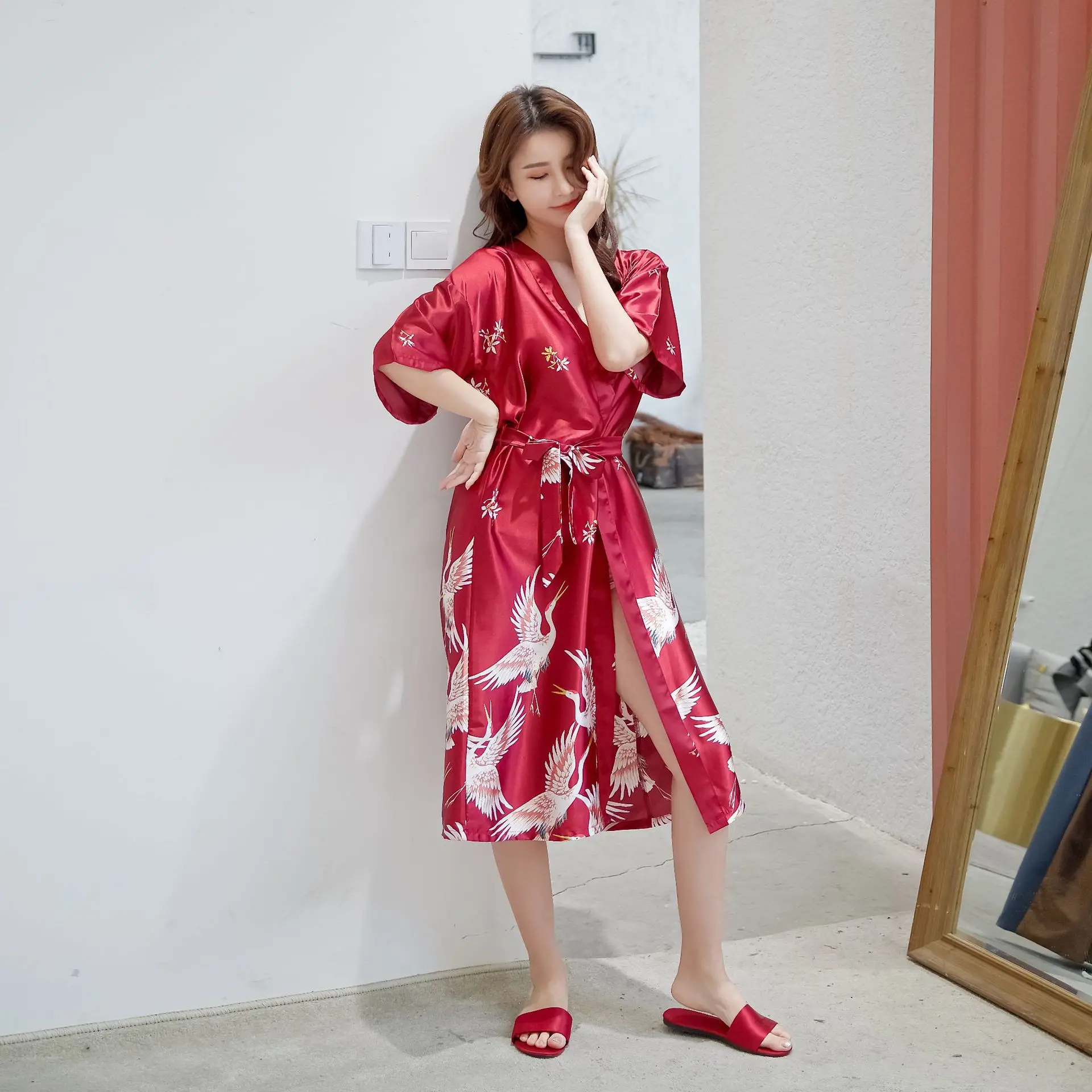 Женское длинное ночное белье искусственный халат с принтом животных домашняя