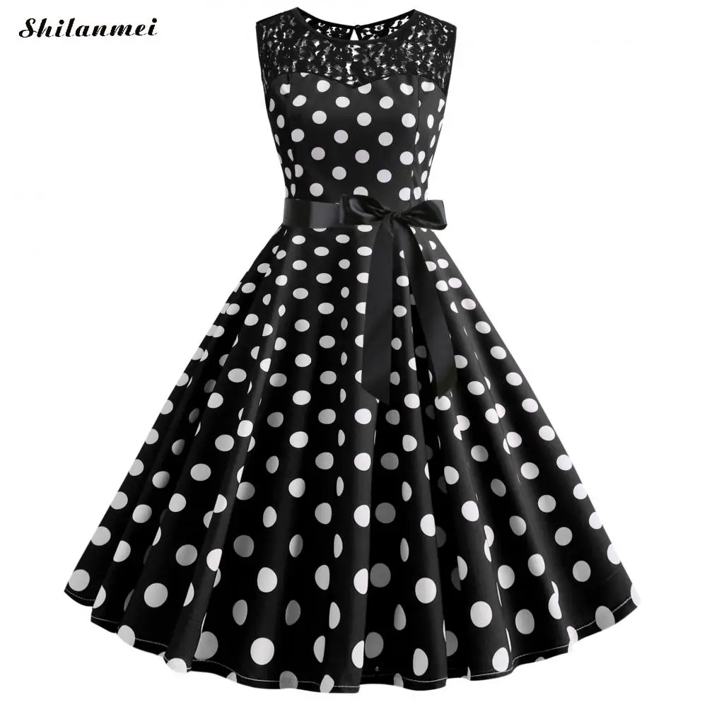 Женское кружевное платье в горошек винтажное плиссированное с высокой талией и
