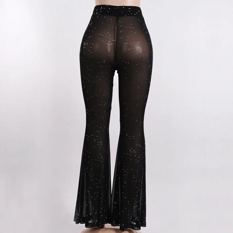 

Sexy Black Mesh Flare Pants High Waist Women See Through Trousers Ladies Sheer Bell Bottom Long Pants Summer Transparent Pants