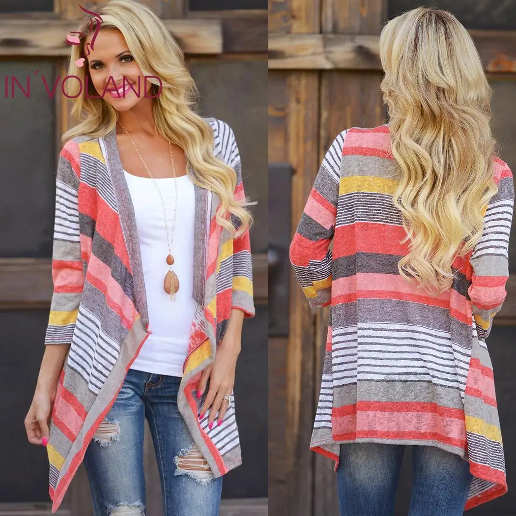 Women Cardigans Autumn Spring Casual 3/4 Sleeve Patchwork Asymmetry Hem Red Blue Long Cardigan Summer BOHO Beach Female |