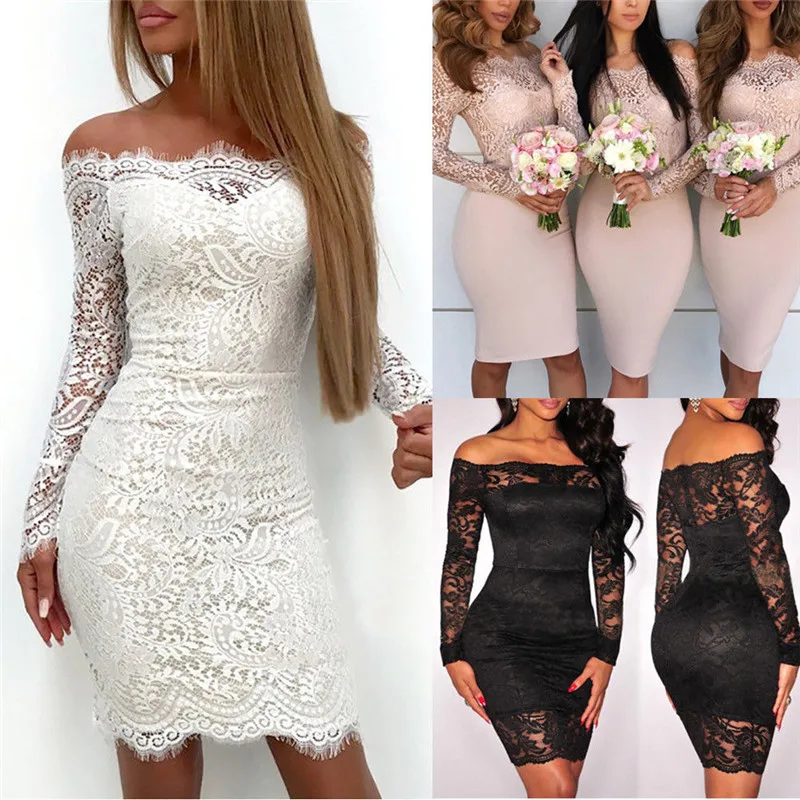 

Sexy Women Summer Lace Long Sleeve Mini Dress Hot Elegant Off-Shoulder Dress