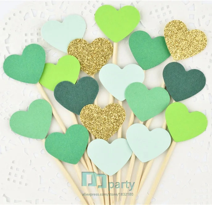 40 шт. блестящие золотые зеленые сердца топперы для кексов свадебная еда