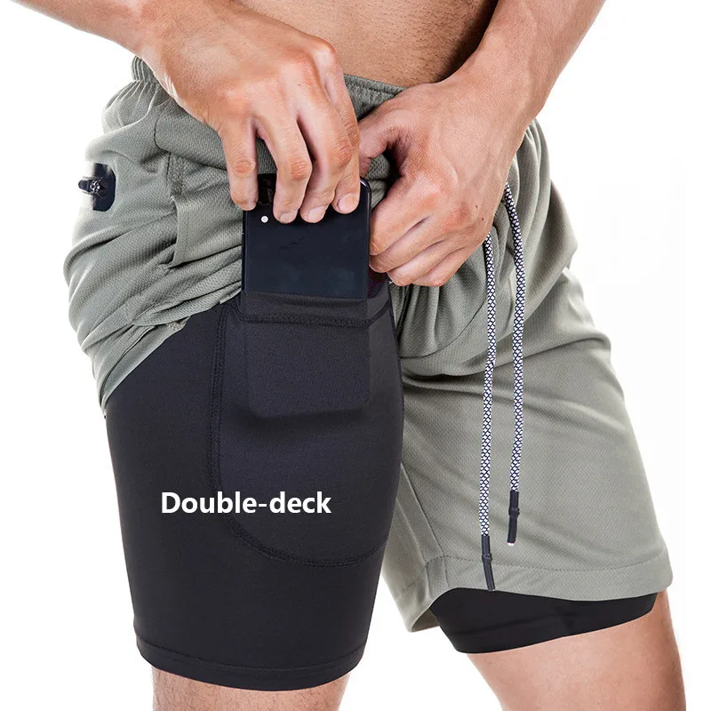 Double-Deck Gray Мужские шорты для спортзала, двухслойные, 2 в 1, для фитнеса, бега, короткие штаны, для тренировок, бодибилдинга, нижнее белье, быстросохнущие шорты для бега, мужские - Цвет: Double-Deck Gray