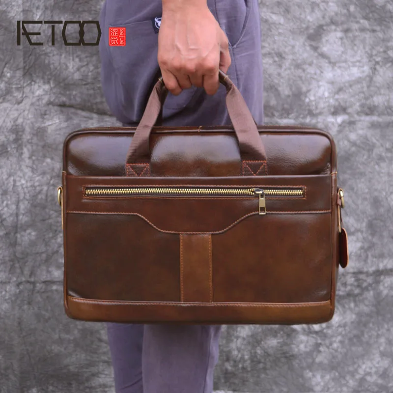AETOO мужской кожаный портфель ретро большой емкости сумка для компьютера верхний