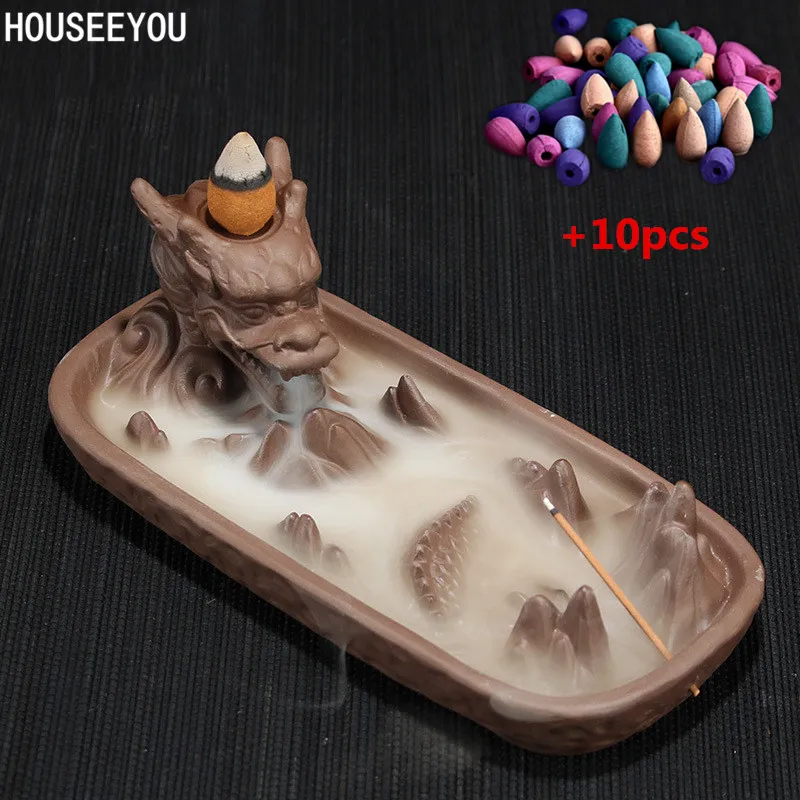 Brown and 10cones 10 шт. благовония конусы+ керамический Дракон аромат дыма курильница домашний декор креативный дым обратного потока благовония горелка подставка для ароматических палочек - Цвет: Brown and 10cones