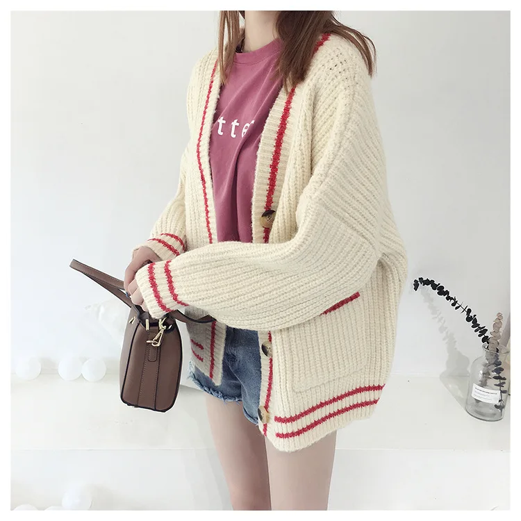 Женский кардиган с пуговицами HSA повседневный свободный трикотажный в полоску V