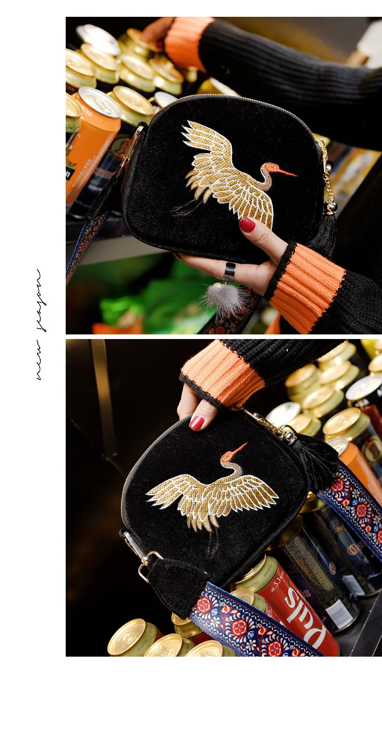 2107 Вышивка сумка Этническая кран вышитые сумки бархат Богемия плеча Crossbody Мини
