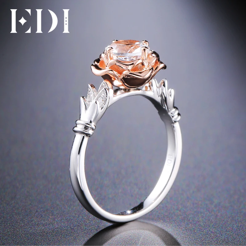 EDI Роскошный цветок Круглый Муассанит (D F VVS1) кольца 14K розовое Белое Золото
