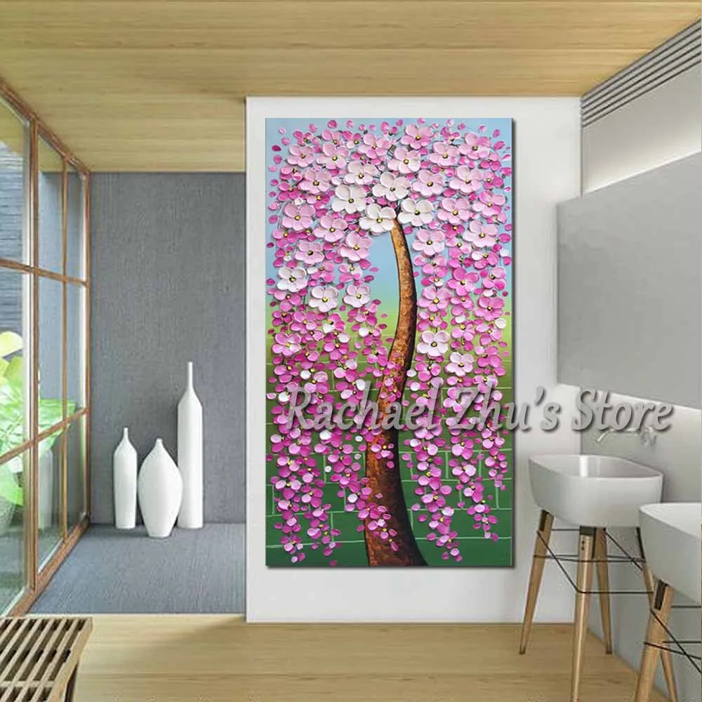 

Large Size Hand Painted Palette Knife Blooming Pink Flower Oil Painting On Canvas Wall Picture Living Room Home Wall Decor Art