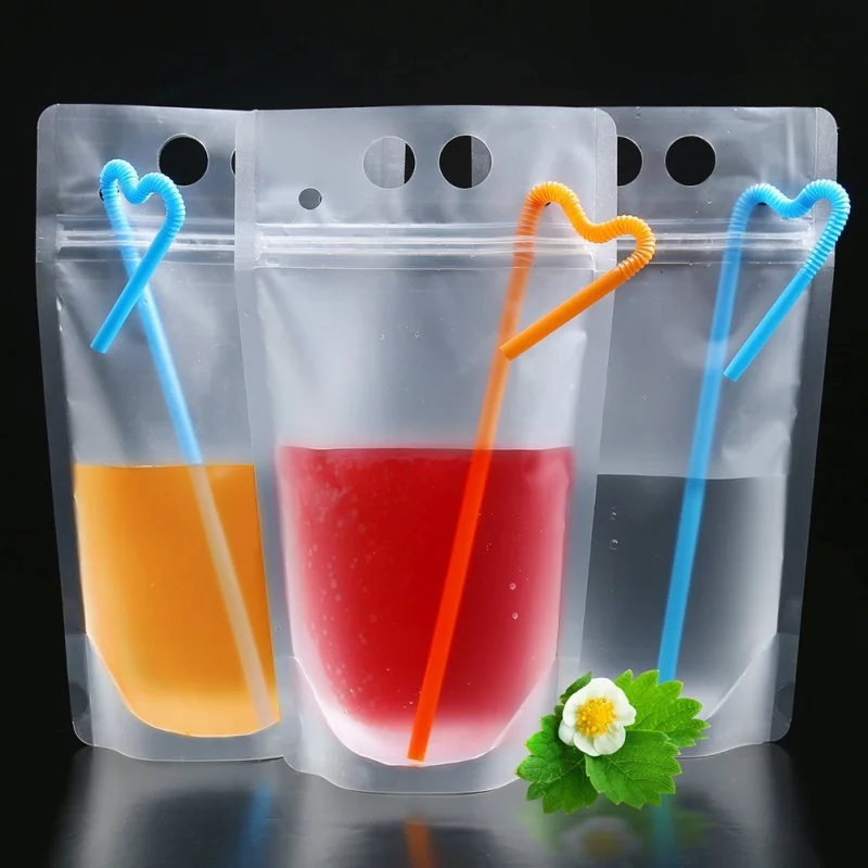 

50pcs 500ml Juice Drink Bag with Straws Vertical Zipper Frosted Transparent Zip lock Bag for Home Drinks Candy Beans Nut
