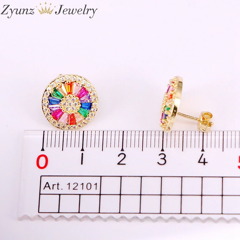 

5 Pairs, 14mm, Rainbow earring studs Zircon Stone Colorful Crystal cz micro pave delicate earring women jewelry