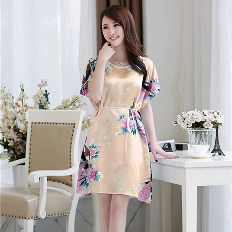 2017 Модные Женские Летние Шелковые Ночные Рубашки Женский Печати Шею С Коротким