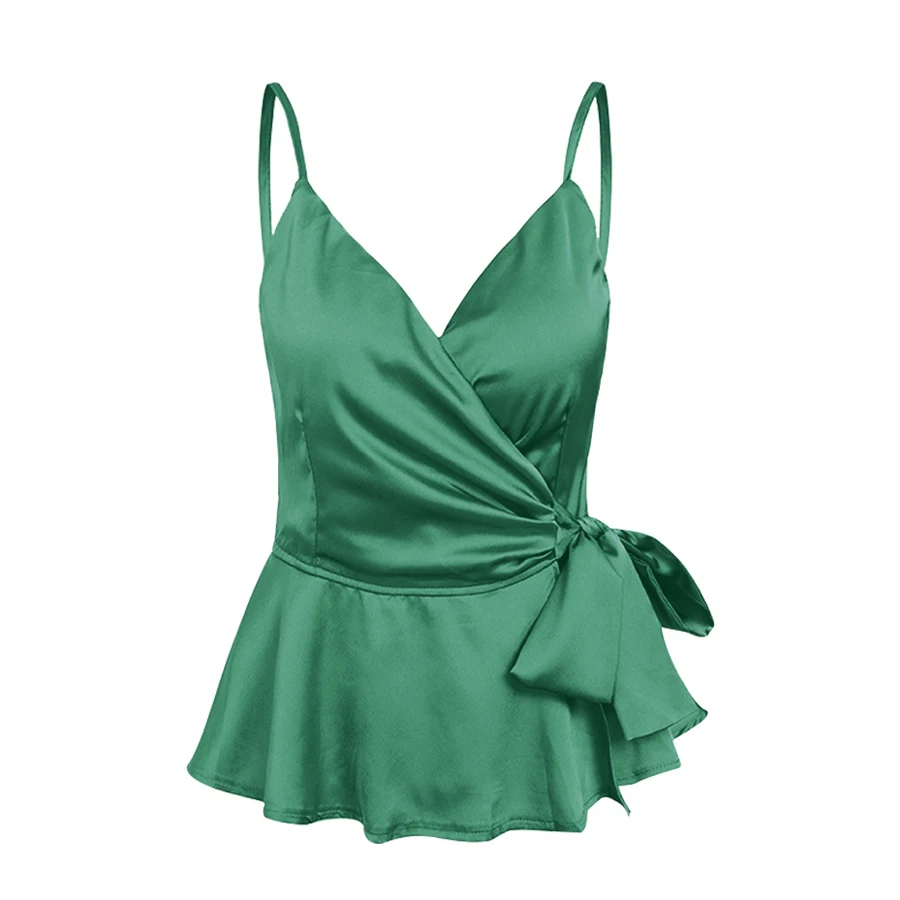 Женский Атласный топ с V образным вырезом зелено черный элегантный Шелковый