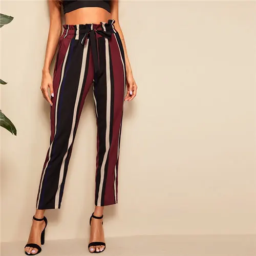 SHEIN женские брюки в полоску с высокой талией,, элегантные брюки с высокой талией, весна-лето, офисные женские рабочие брюки - Цвет: Многоцветный