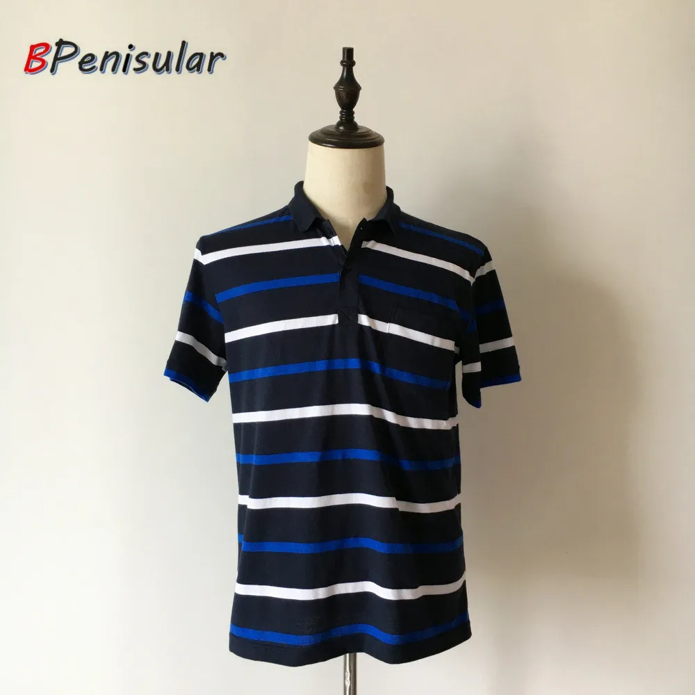 2018 летний корейский Для мужчин рубашки поло короткий рукав в синюю полоску