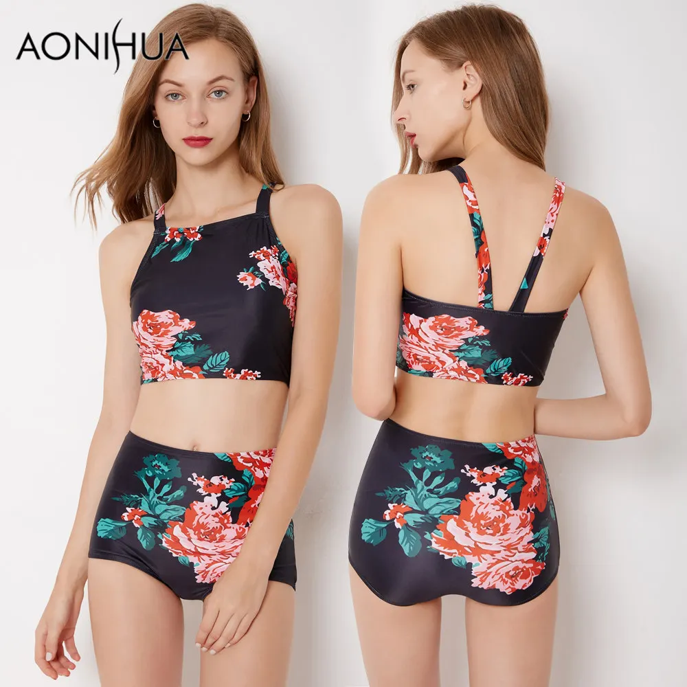 

AONIHUA Blooming Flower | 2018 Red Floral Print Bikini set for Women Retro Vintage High neck Swimsuit Summer Beach Swimwear 9038