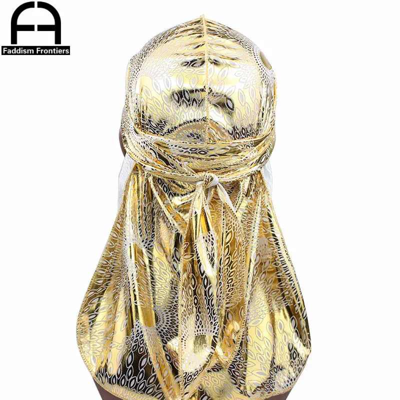 

Men's Silky Durags Turban Hat Bandanas Headwear Gold Peafowl Printed Satin Men DuRag Long Straps Waves Hair Accessories