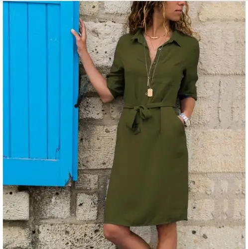 Женское платье-блузка длинное Повседневное платье с отложным воротником 2019 |