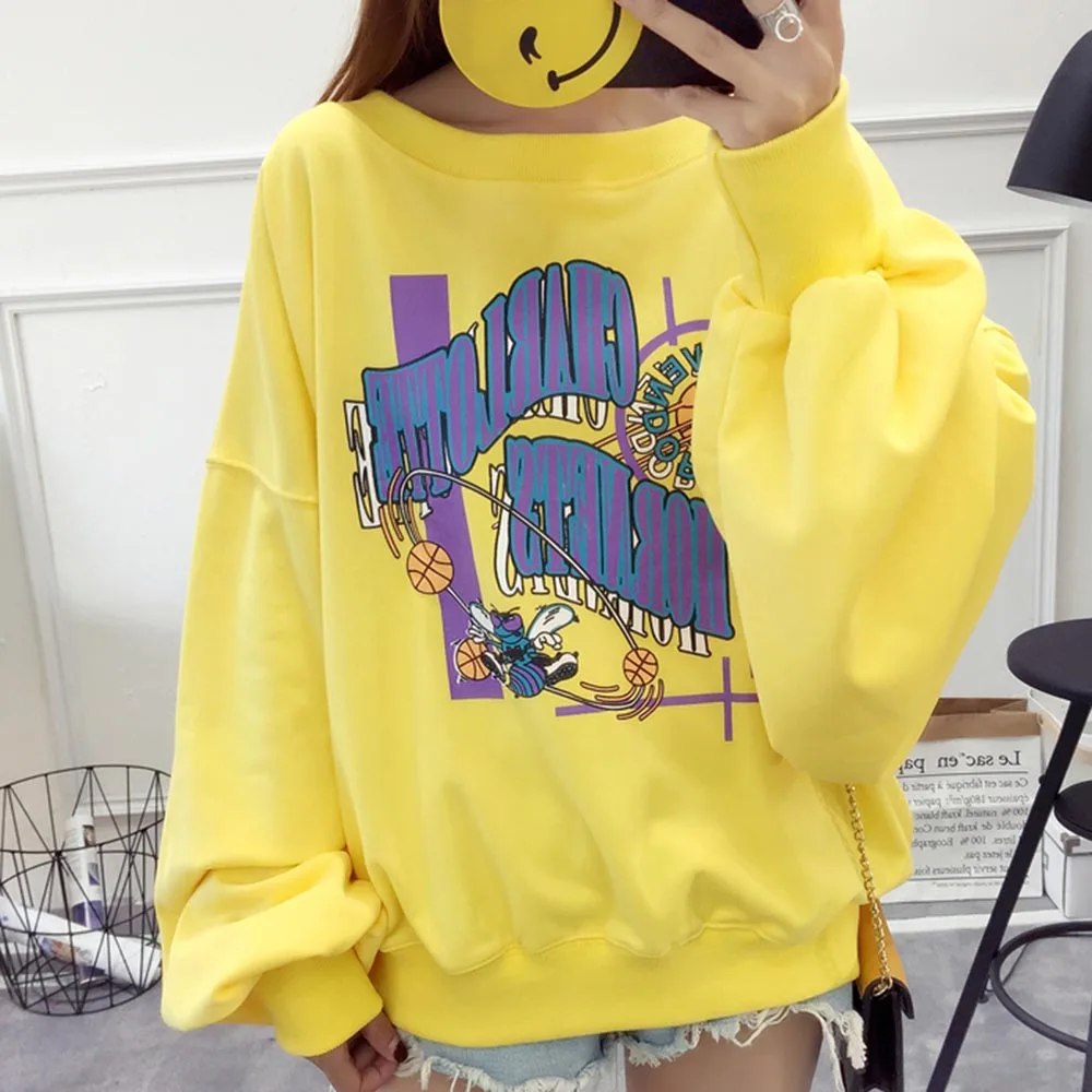 Harajuku женские осенние худи мультфильм печатных пуловер длинные рукава с круглым