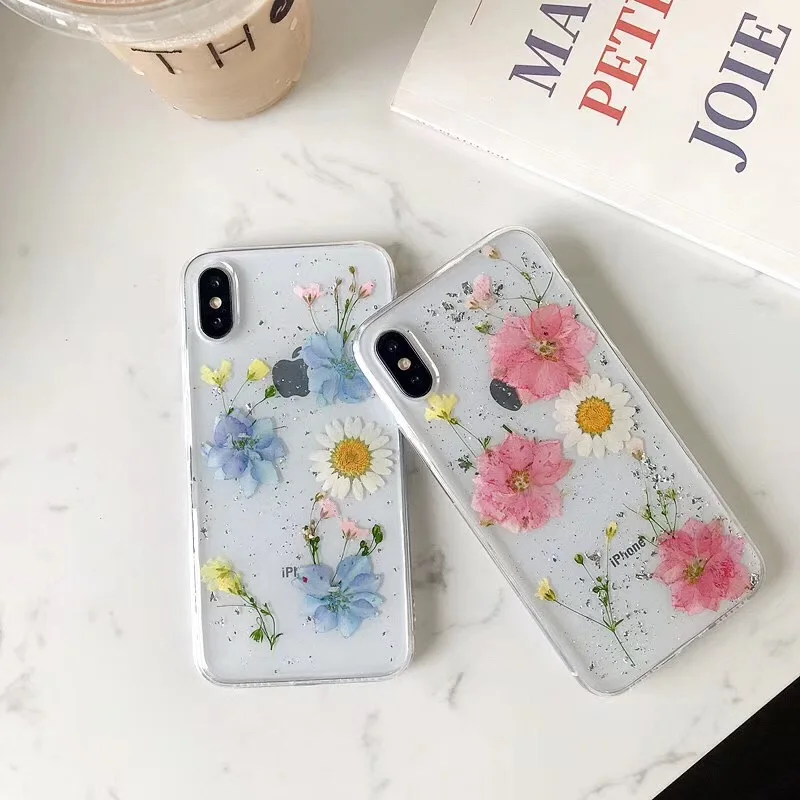 Tfshining INS Real Dried Flower Glitter Bling Case For iPhone 11 X 6 7 8 Plus XR XS Max Pro Transparent Girls Cover | Мобильные