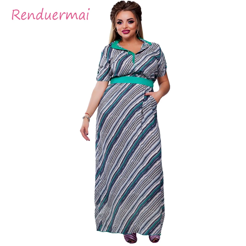 Осень 2017 г. платье большой Размеры женская одежда короткий рукав полосатый макси