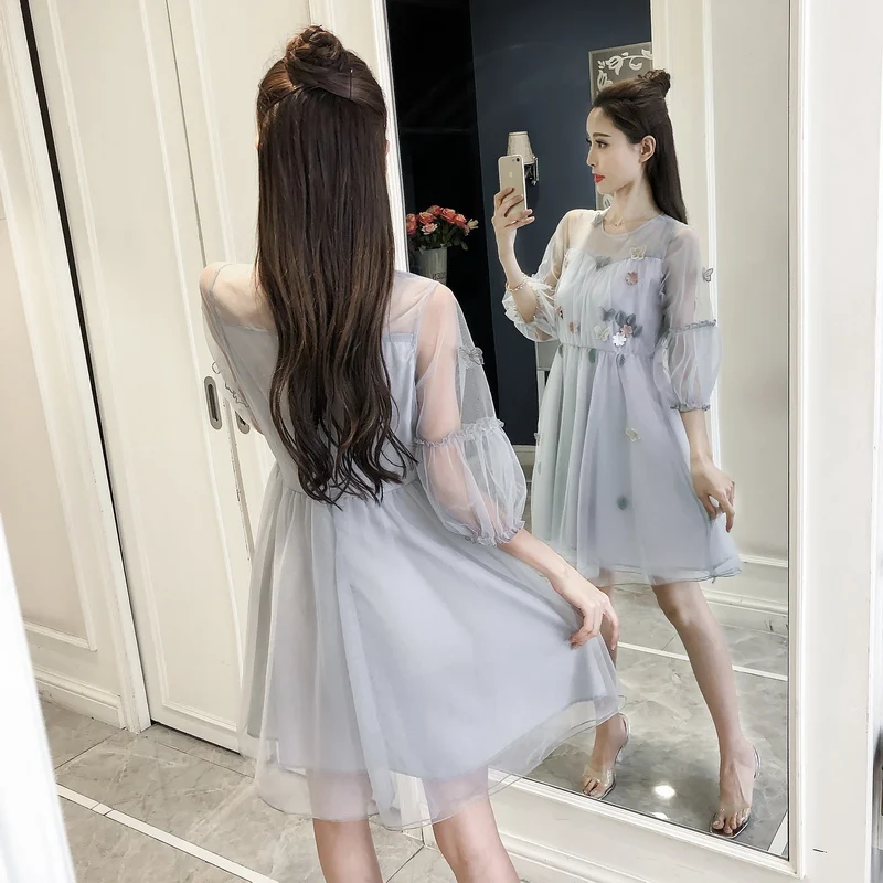 2018 летнее Новое Женское платье с О-образным вырезом и цветочной аппликацией