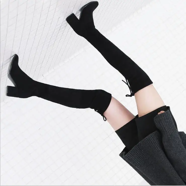 Весенне осенне зимние сапоги EIOUPI из нубука замши флока на толстом каблуке