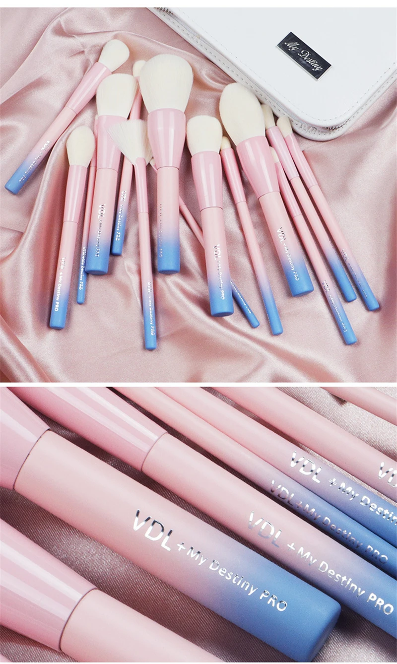 VDL+ My Destiny Pro 14Pcs Makeup Brushes Set Gradient Pink Yellow Soft Blusher Powder Complete Cosmetic Brush Kit with Bag