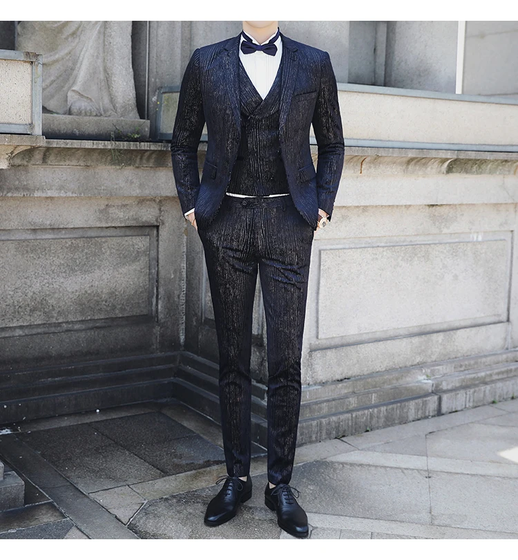 Повседневная одежда(Блейзер+ жилет+ брюки), Trajes De Hombre, костюм Mariage Homme Tuxedo,, осенние мужские костюмы в полоску, мужские деловые костюмы