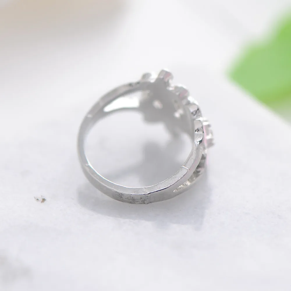 Серебряные кольца с кристаллами и цветком вишни розовое эмалированное сердце