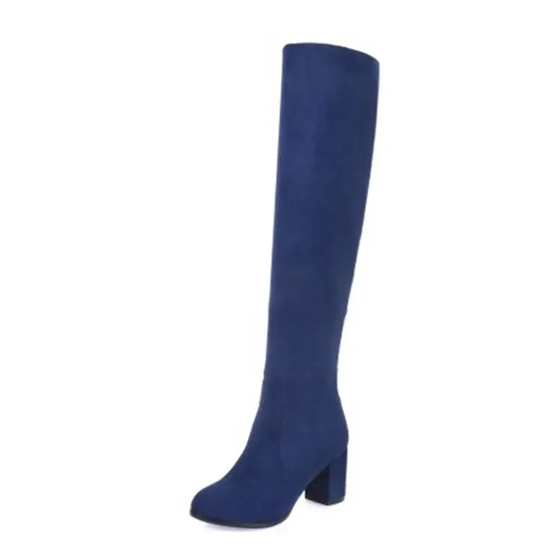 Blue dan NO zipper Orcha Lisa/сапоги из искусственной замши пикантные женские высокие сапоги выше колена с леопардовым принтом, с острым носком, на не сужающемся книзу массивном каблуке, на молнии, без застежки, 43 - Цвет: Blue dan NO zipper