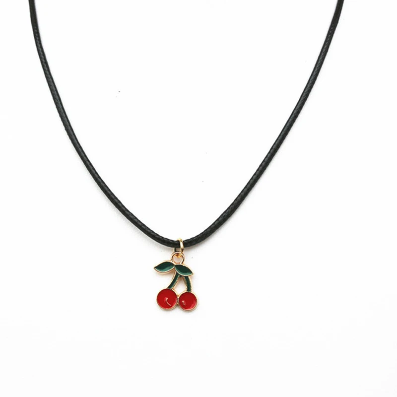 

3PCS/lot Cute Girls Tiny Red Cherry Pendant Necklace For Women Leather Rope Chain Choker Female Jewelry Party Gift