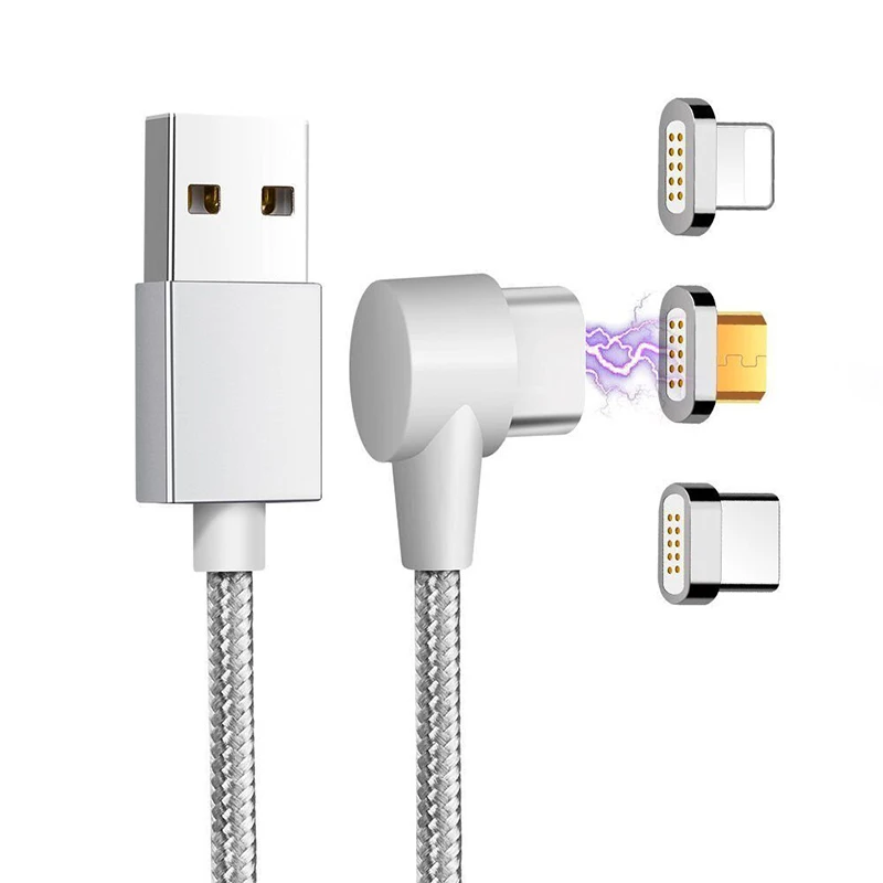 90 градусов прямоугольный usb type C/IOS/Micro USB 3 в 1 Магнитный зарядный кабель быстрое зарядное устройство нейлоновый Плетеный Магнитный зарядный кабель