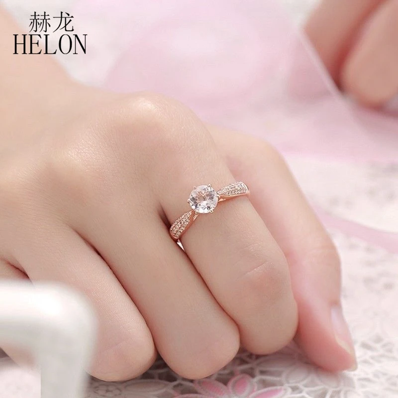 HELON круглая огранка 6 мм 0.59ct элегантное морганитное кольцо твердое розовое золото 14 к с настоящими бриллиантами кольцо помолвка драгоценный камень уникальное Ювелирное кольцо