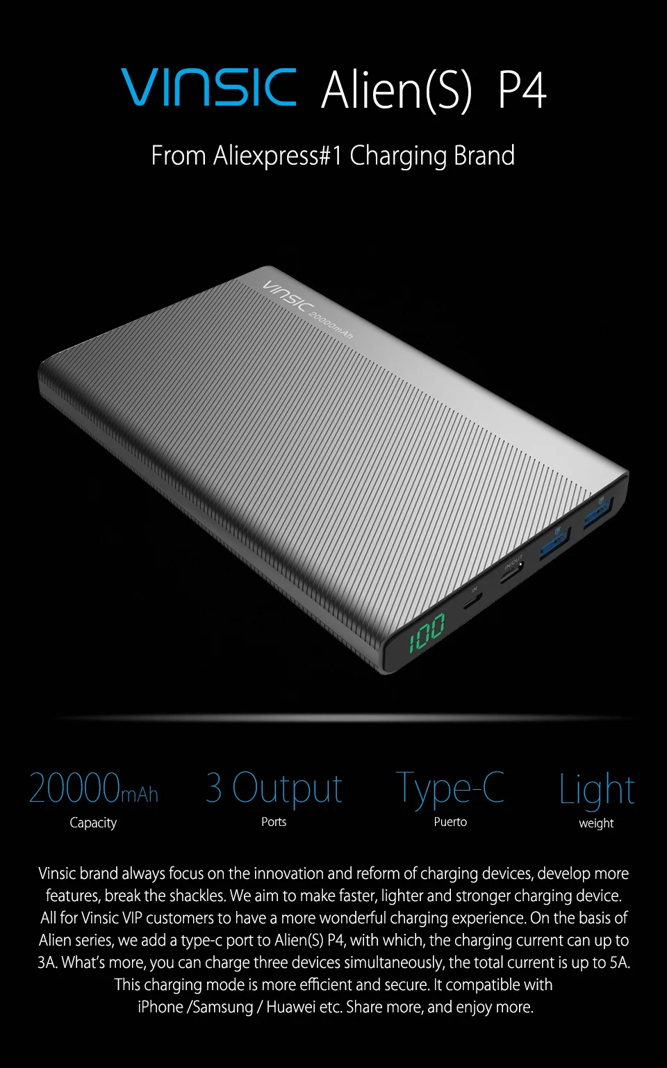 Vinsic 20000 мАч Внешний аккумулятор А двойной usb type-C светодиодный внешний аккумулятор зарядное устройство для iPhone X 8 8 Plus Xiaomi huawei samsung