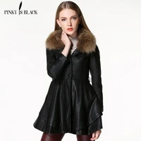 pinky is black autumn winter medium long women outerwear prismatic ruffles hem women leather jacket coat real fur collar