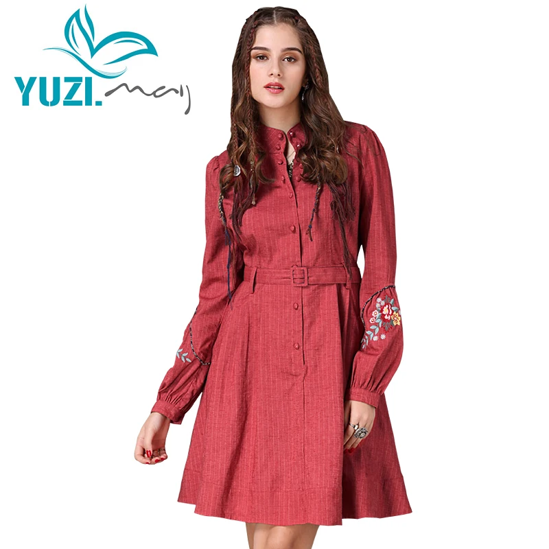 Платье женское из хлопка и льна с рукавами фонариками воротником стойкой|Женские