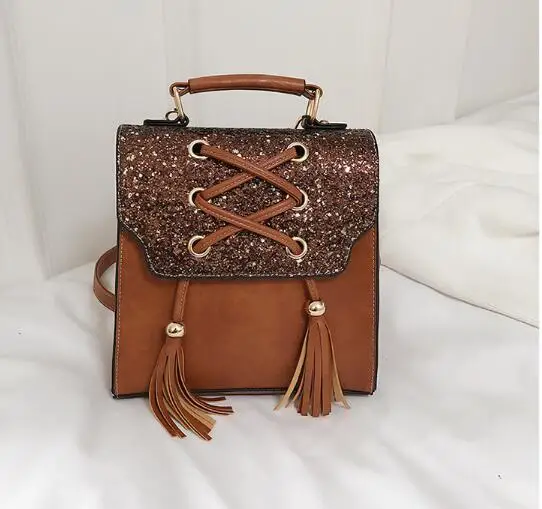 New Design Sequin Women Backpack Solid Hasp Female Bag Fashion Girls School Bags Lady Small PU Tassel Leather Bag Women Backpack