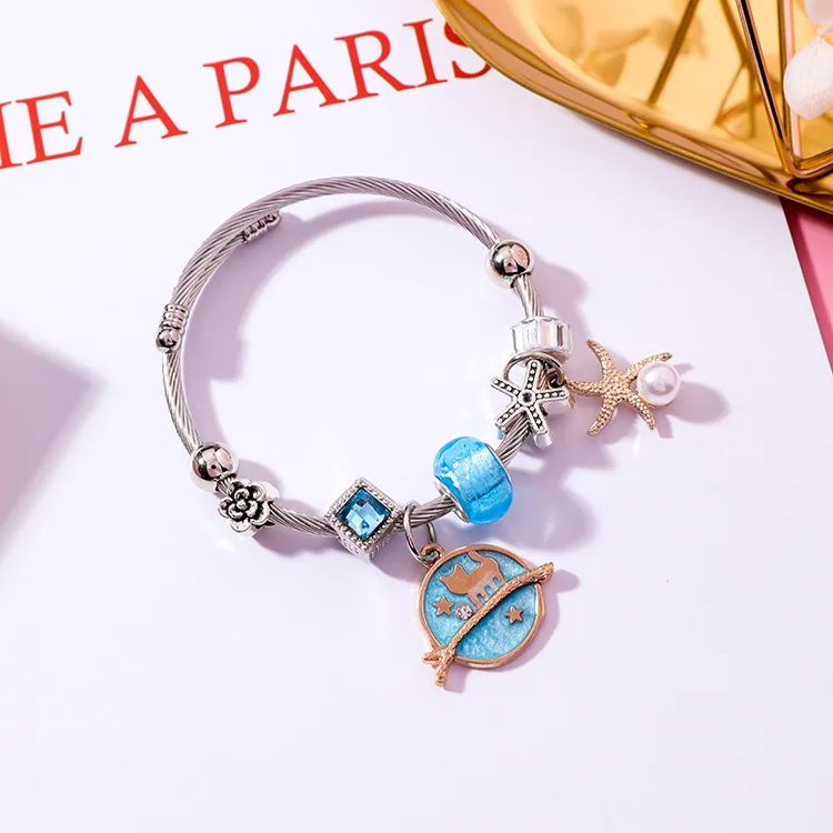 Japan Korea DIY Stainless Steel Adjustable Cat Starfish Pendant Bracelets Crystal Beads Bracelet Bangle for Women Jewelry Gift | Украшения