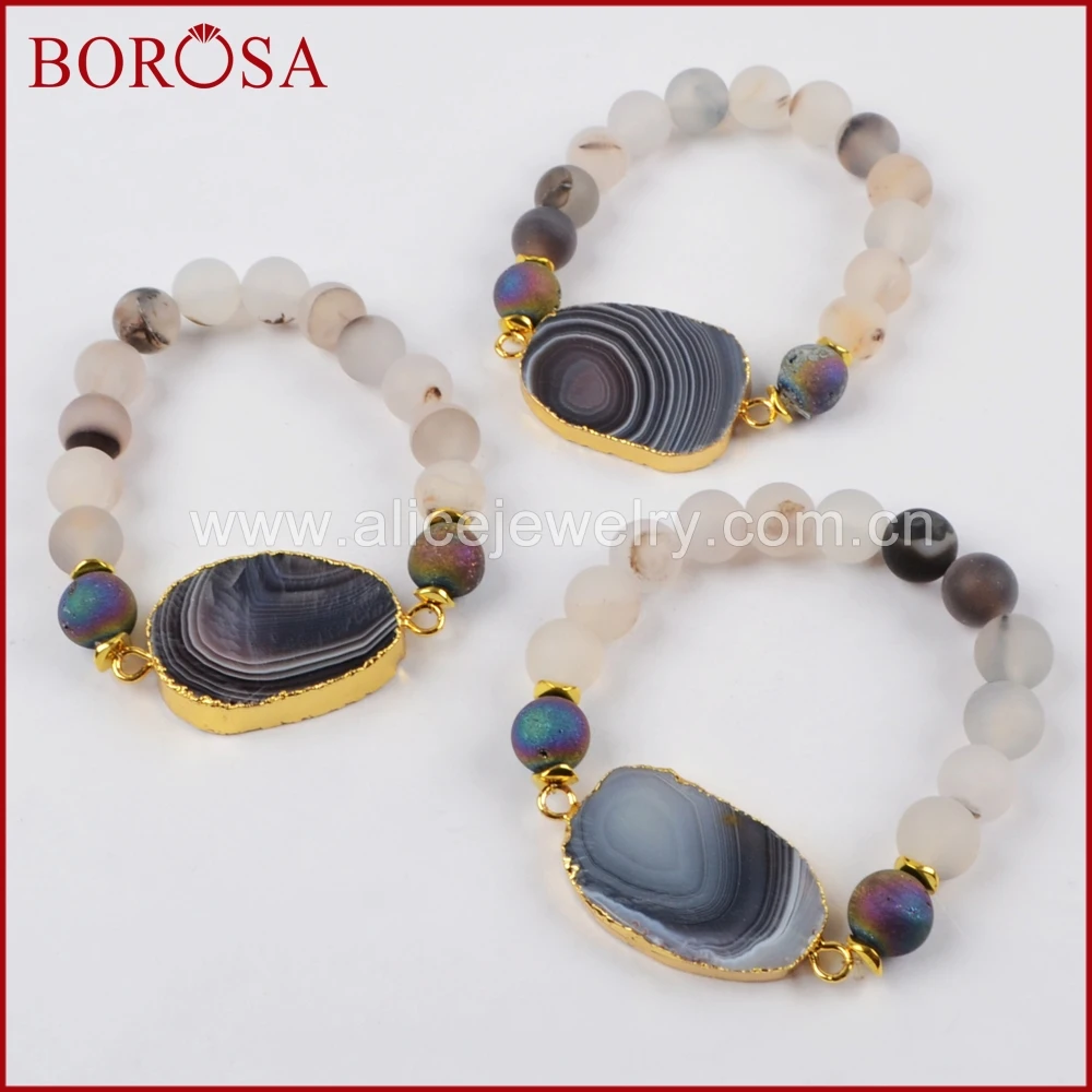 

BOROSA Gold Natural Onyx Stone Druzy Connector With 10mm Matte Beads Bracelet for Women,Handcrafted Drusy Beaded Bracelet G1397