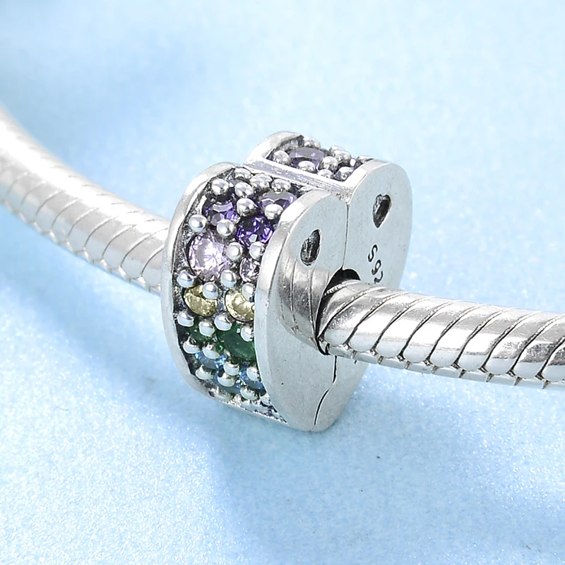 

Real 925 Sterling Silver pink blue green colorful zircon clips Lock beads Fit Original europeu Charm Bracelet Jewelry making