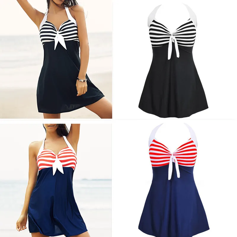 Stripe Padded Halter swim suit Dress sexy backless Swimwear One Piece summer dress Beach Bathing Suit woman skirt Plus Size 3XL | Спорт и